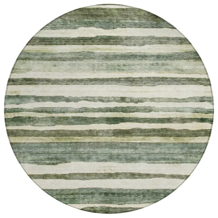 8' Sage And Beige Round Striped Washable Indoor Outdoor Area Rug