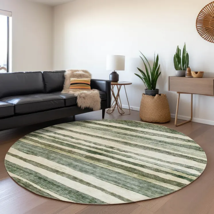 8' Sage And Beige Round Striped Washable Indoor Outdoor Area Rug
