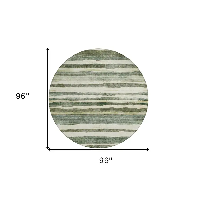 8' Sage And Beige Round Striped Washable Indoor Outdoor Area Rug