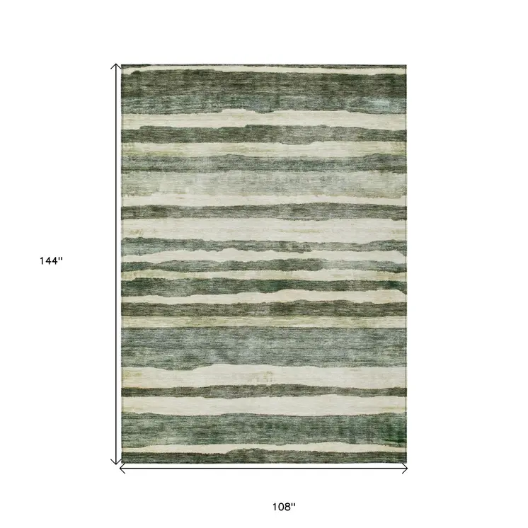 9' X 12' Sage And Beige Striped Washable Indoor Outdoor Area Rug