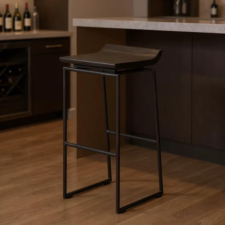 30" Black Solid Wood and Metal Backless Bar Height Bar Chair