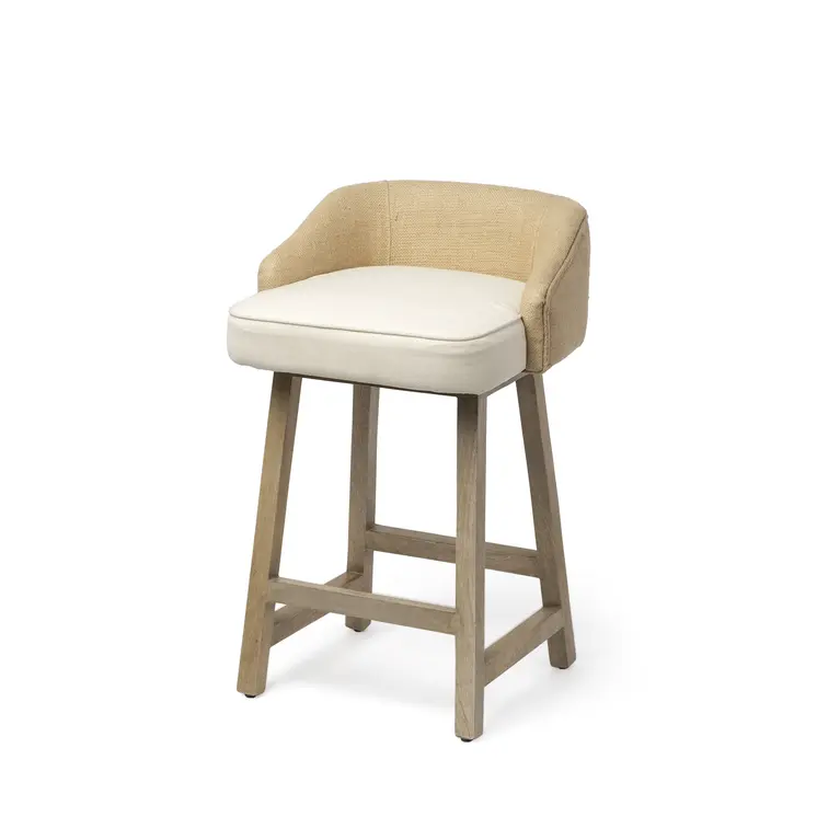 24" Beige and Natural Solid Wood Fabric And Jute Low Back Counter Height Bar Chair