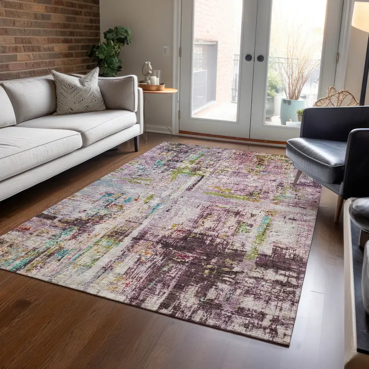 5' X 8' Lavender Green And Blue Abstract Washable Indoor Outdoor Area Rug