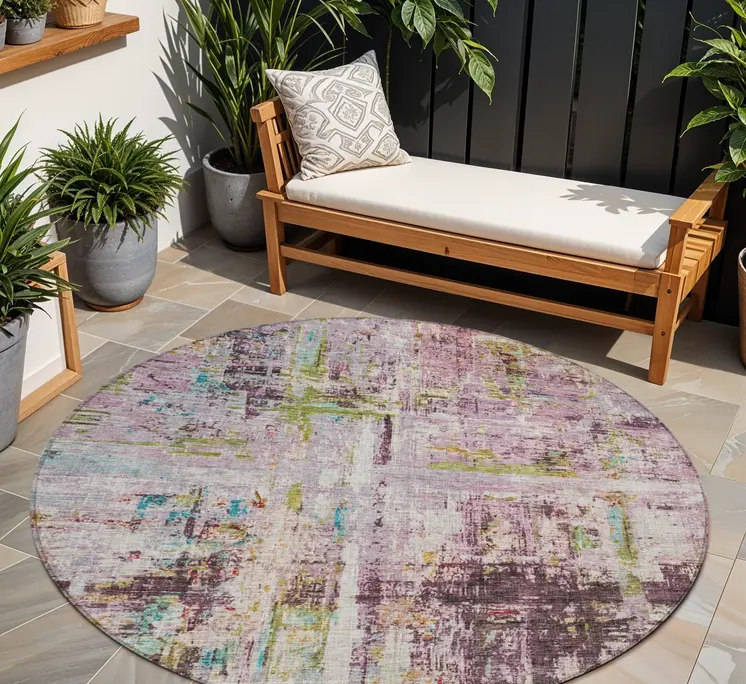 8' Lavender Green And Blue Round Abstract Washable Indoor Outdoor Area Rug