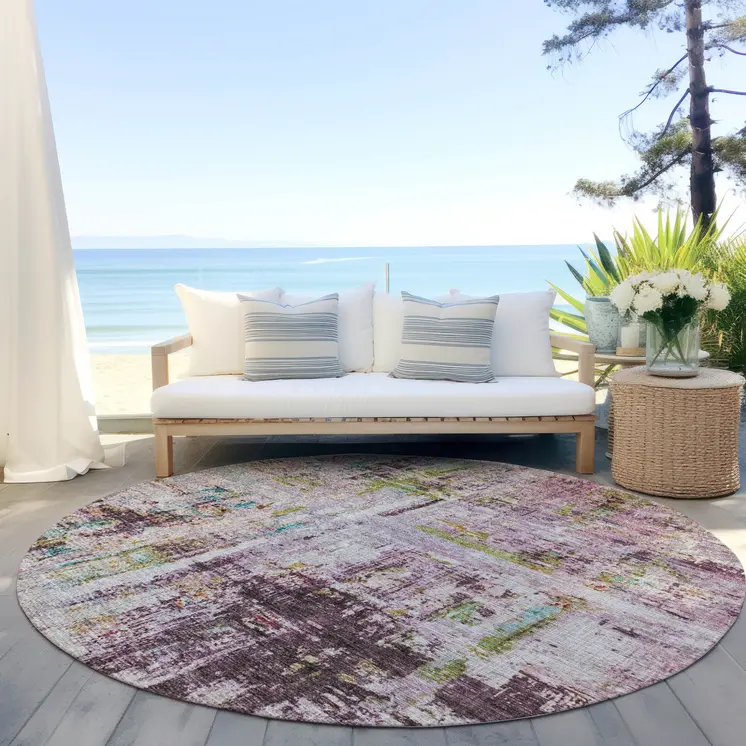 8' Lavender Green And Blue Round Abstract Washable Indoor Outdoor Area Rug