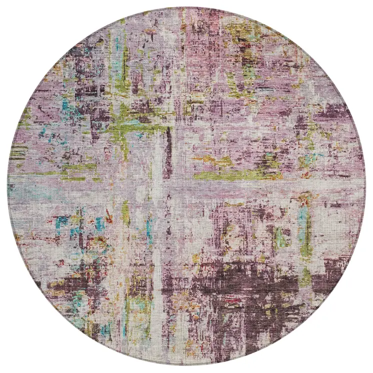 8' Lavender Green And Blue Round Abstract Washable Indoor Outdoor Area Rug