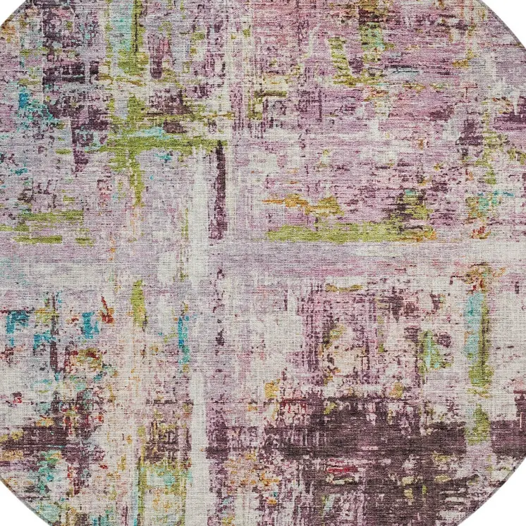 8' Lavender Green And Blue Round Abstract Washable Indoor Outdoor Area Rug