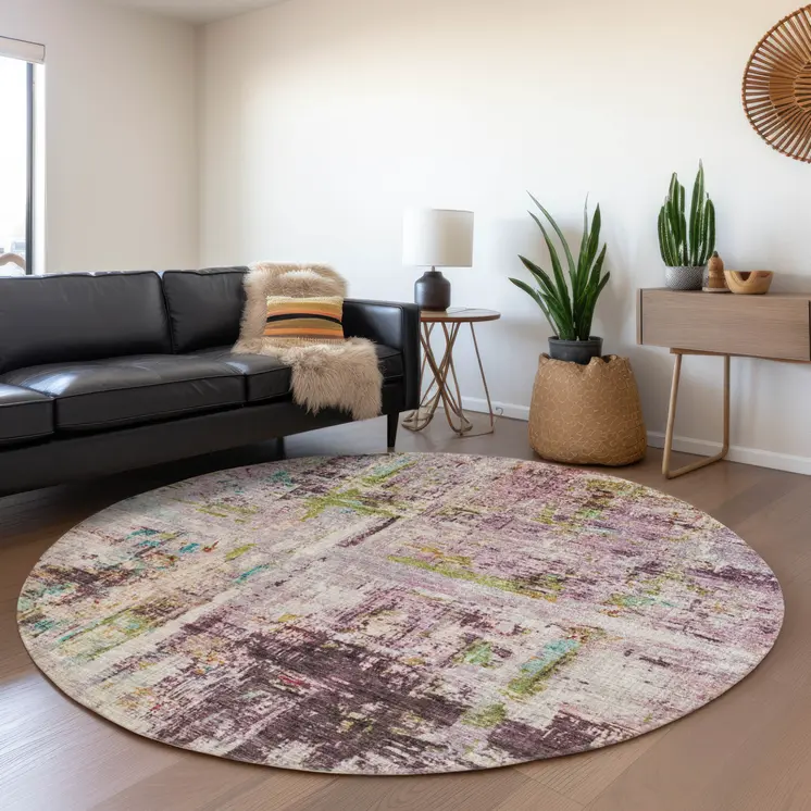 8' Lavender Green And Blue Round Abstract Washable Indoor Outdoor Area Rug