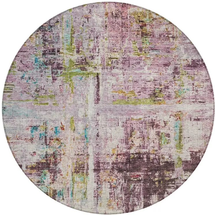 8' Lavender Green And Blue Round Abstract Washable Indoor Outdoor Area Rug