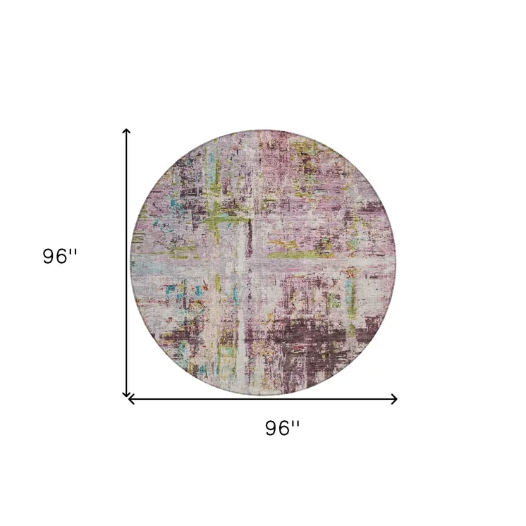 8' Lavender Green And Blue Round Abstract Washable Indoor Outdoor Area Rug