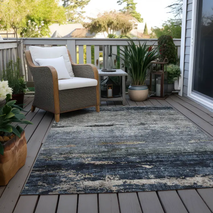 3' X 5' Navy Blue Gray And Black Abstract Washable Indoor Outdoor Area Rug