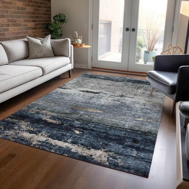 3' X 5' Navy Blue Gray And Black Abstract Washable Indoor Outdoor Area Rug