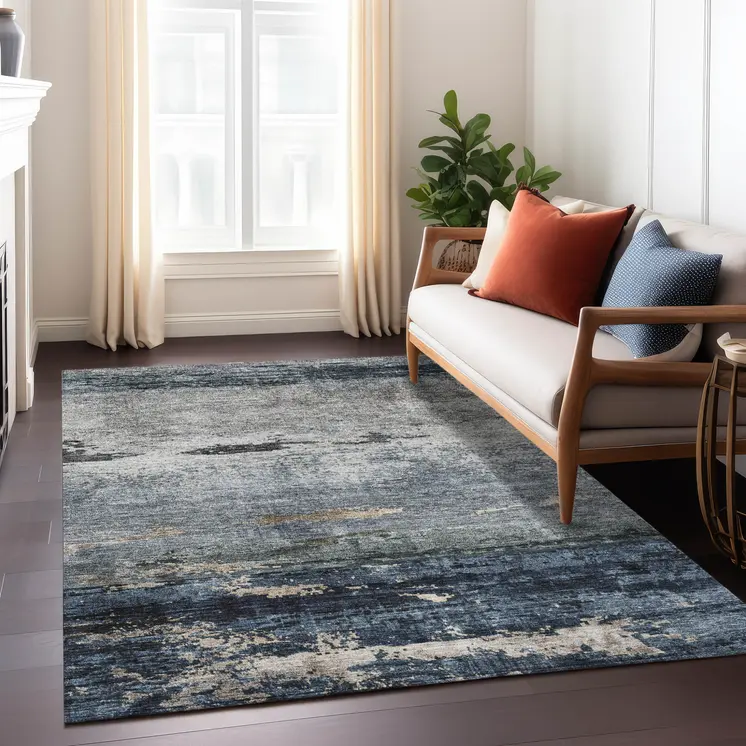 3' X 5' Navy Blue Gray And Black Abstract Washable Indoor Outdoor Area Rug