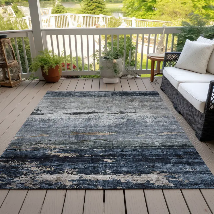 3' X 5' Navy Blue Gray And Black Abstract Washable Indoor Outdoor Area Rug