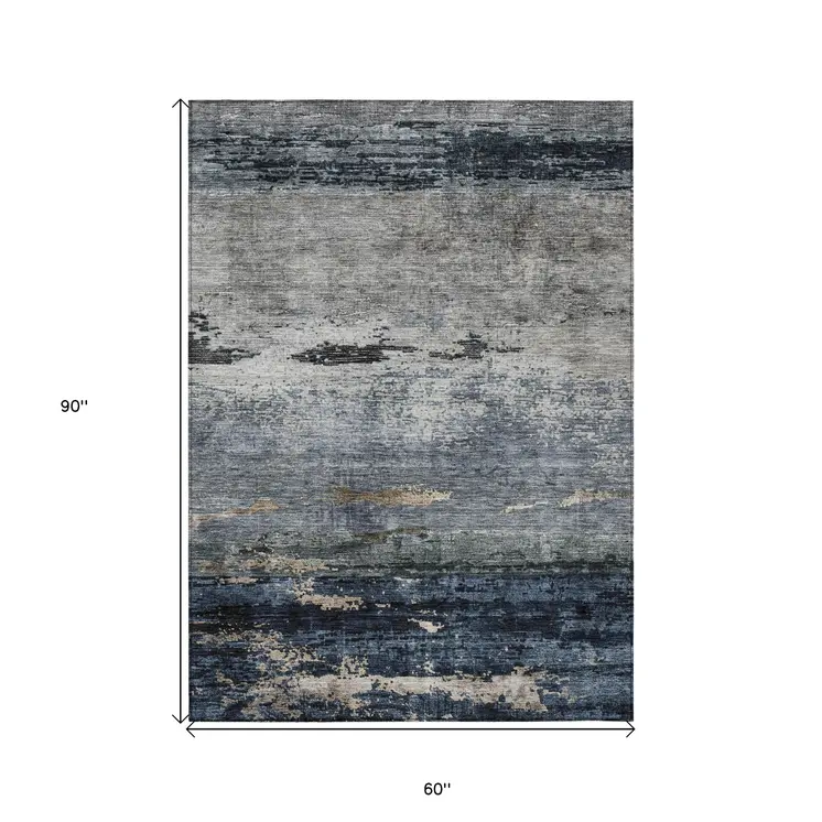 5' X 8' Navy Blue Gray And Black Abstract Washable Indoor Outdoor Area Rug
