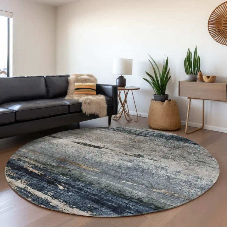 8' Navy Blue Gray And Black Round Abstract Washable Indoor Outdoor Area Rug
