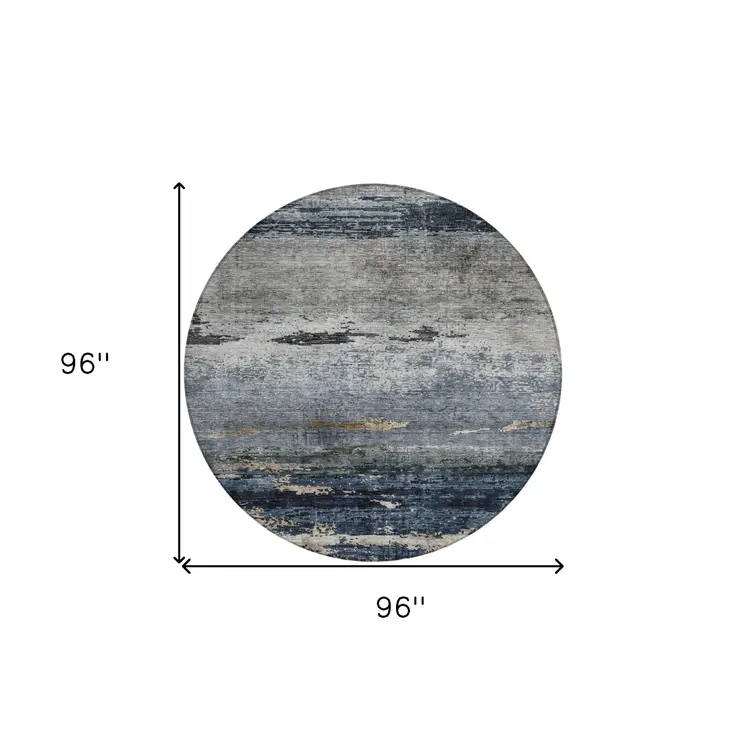 8' Navy Blue Gray And Black Round Abstract Washable Indoor Outdoor Area Rug