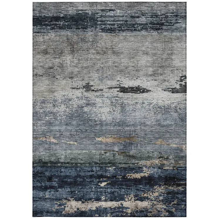 8' X 10' Navy Blue Gray And Black Abstract Washable Indoor Outdoor Area Rug