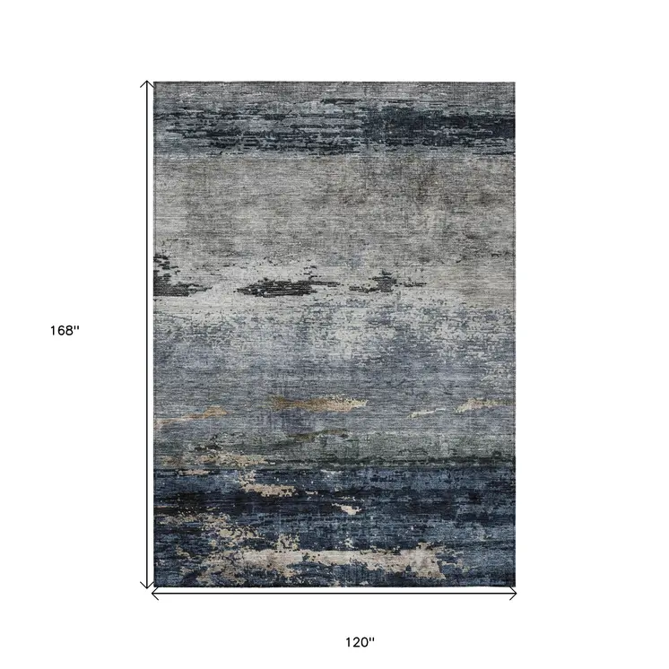 10' X 14' Navy Blue Gray And Black Abstract Washable Indoor Outdoor Area Rug