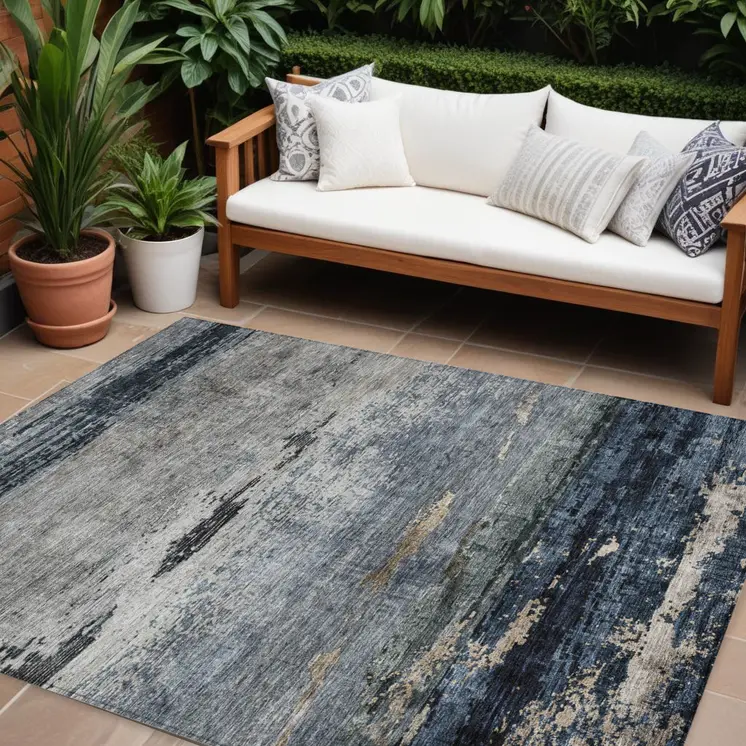 10' X 14' Navy Blue Gray And Black Abstract Washable Indoor Outdoor Area Rug