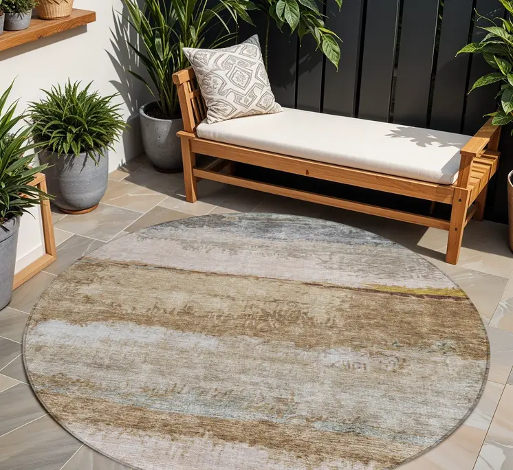 8' Beige Brown And Gray Round Abstract Washable Indoor Outdoor Area Rug