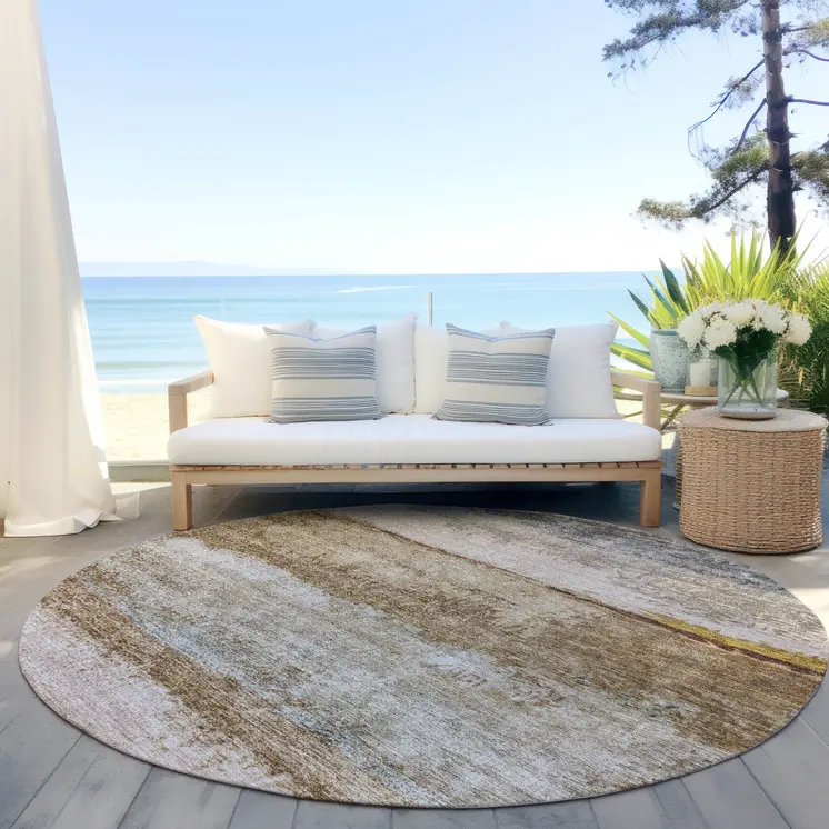 8' Beige Brown And Gray Round Abstract Washable Indoor Outdoor Area Rug