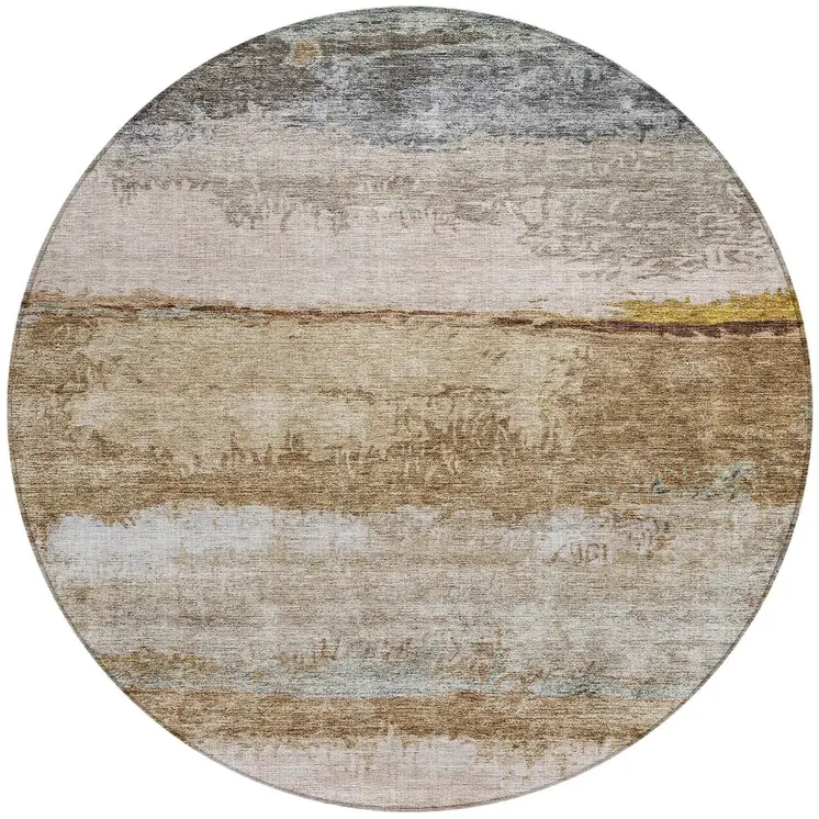 8' Beige Brown And Gray Round Abstract Washable Indoor Outdoor Area Rug