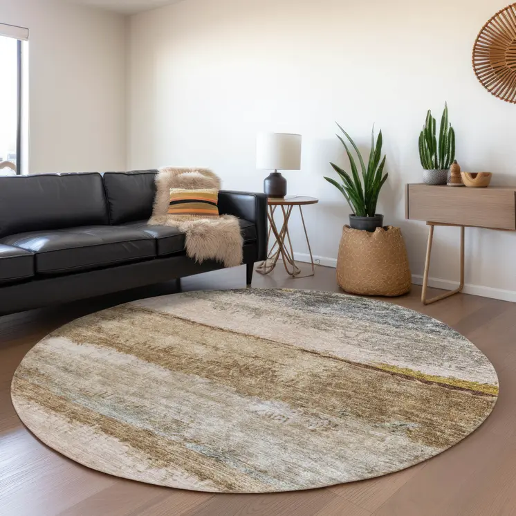 8' Beige Brown And Gray Round Abstract Washable Indoor Outdoor Area Rug