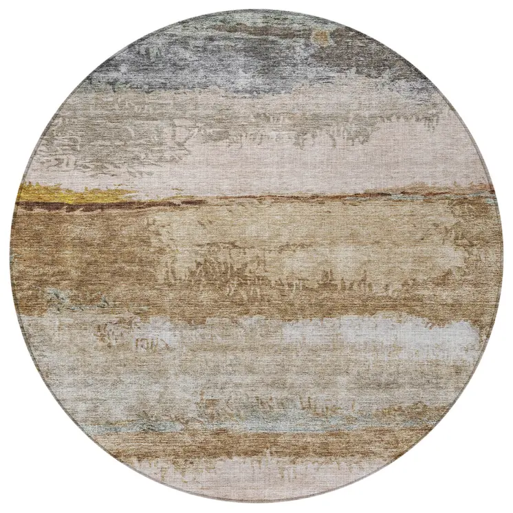 8' Beige Brown And Gray Round Abstract Washable Indoor Outdoor Area Rug