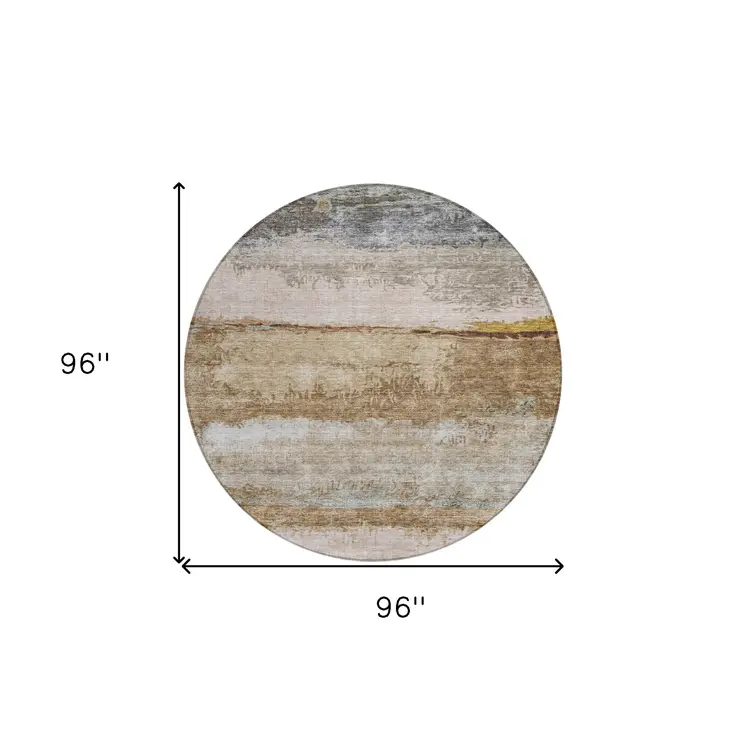 8' Beige Brown And Gray Round Abstract Washable Indoor Outdoor Area Rug