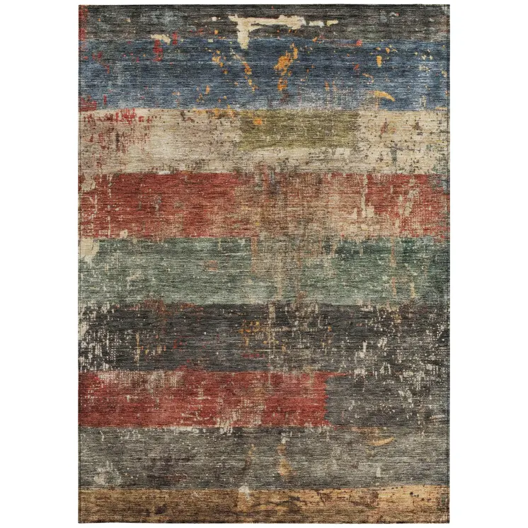 5' X 8' Fern Green Black And Terra Cotta Striped Washable Indoor Outdoor Area Rug