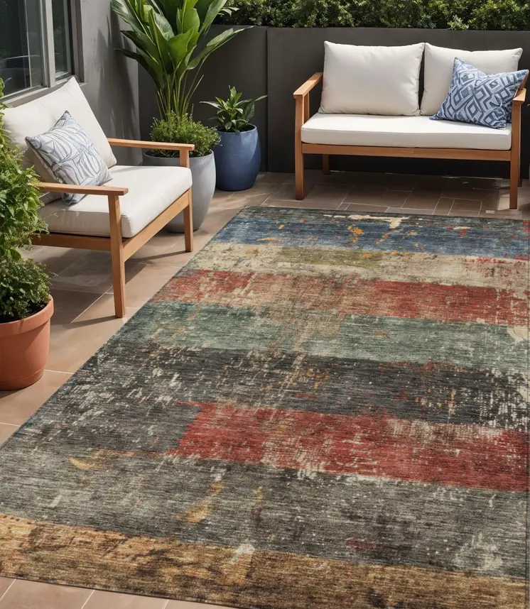 5' X 8' Fern Green Black And Terra Cotta Striped Washable Indoor Outdoor Area Rug