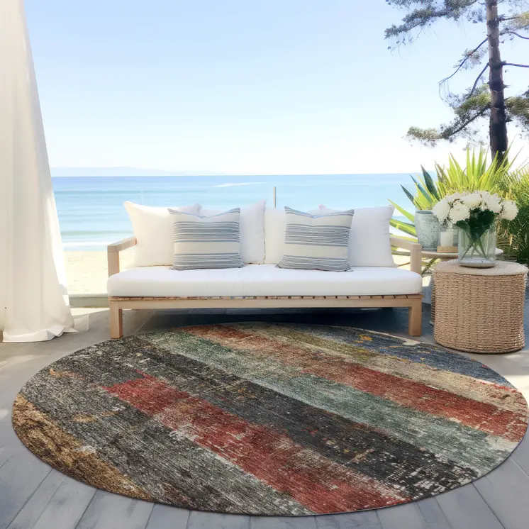 8' Fern Green Black And Terra Cotta Round Striped Washable Indoor Outdoor Area Rug