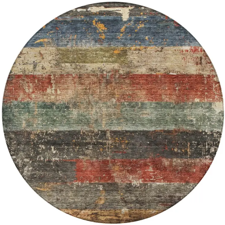 8' Fern Green Black And Terra Cotta Round Striped Washable Indoor Outdoor Area Rug