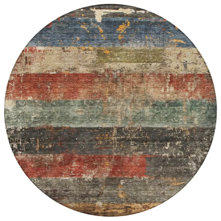 8' Fern Green Black And Terra Cotta Round Striped Washable Indoor Outdoor Area Rug