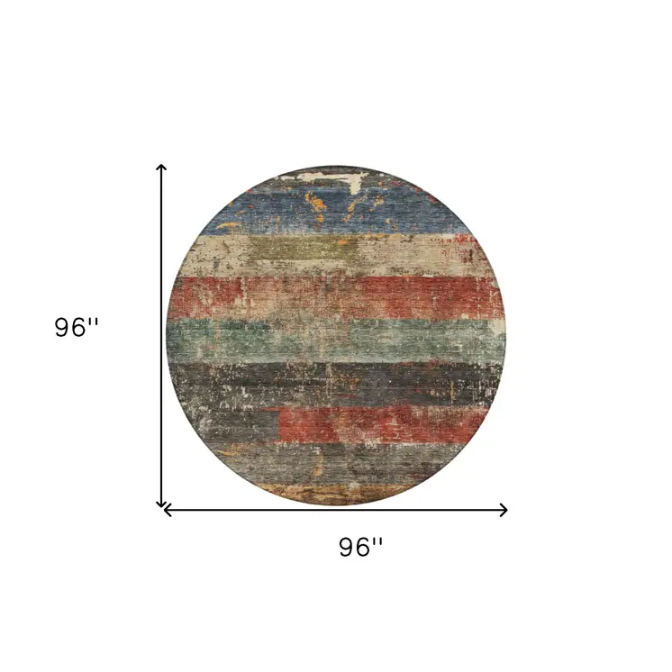 8' Fern Green Black And Terra Cotta Round Striped Washable Indoor Outdoor Area Rug
