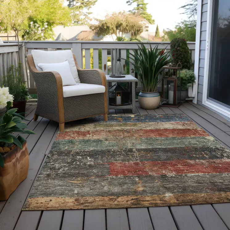 8' X 10' Fern Green Black And Terra Cotta Striped Washable Indoor Outdoor Area Rug