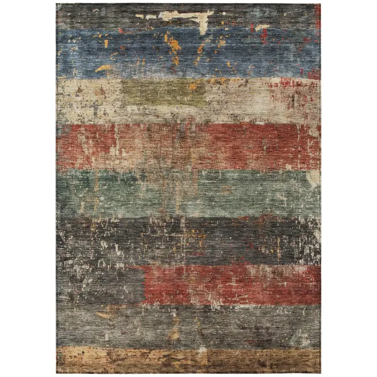 8' X 10' Fern Green Black And Terra Cotta Striped Washable Indoor Outdoor Area Rug