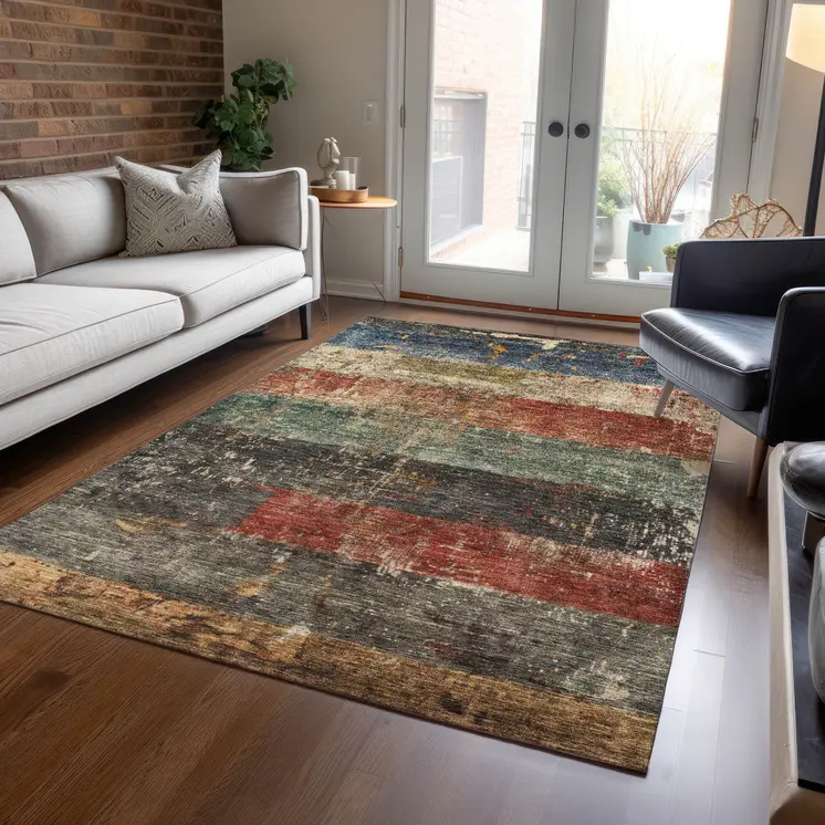 9' X 12' Fern Green Black And Terra Cotta Striped Washable Indoor Outdoor Area Rug