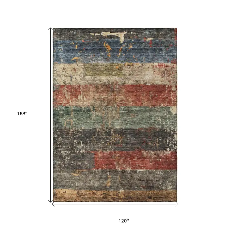 10' X 14' Fern Green Black And Terra Cotta Striped Washable Indoor Outdoor Area Rug