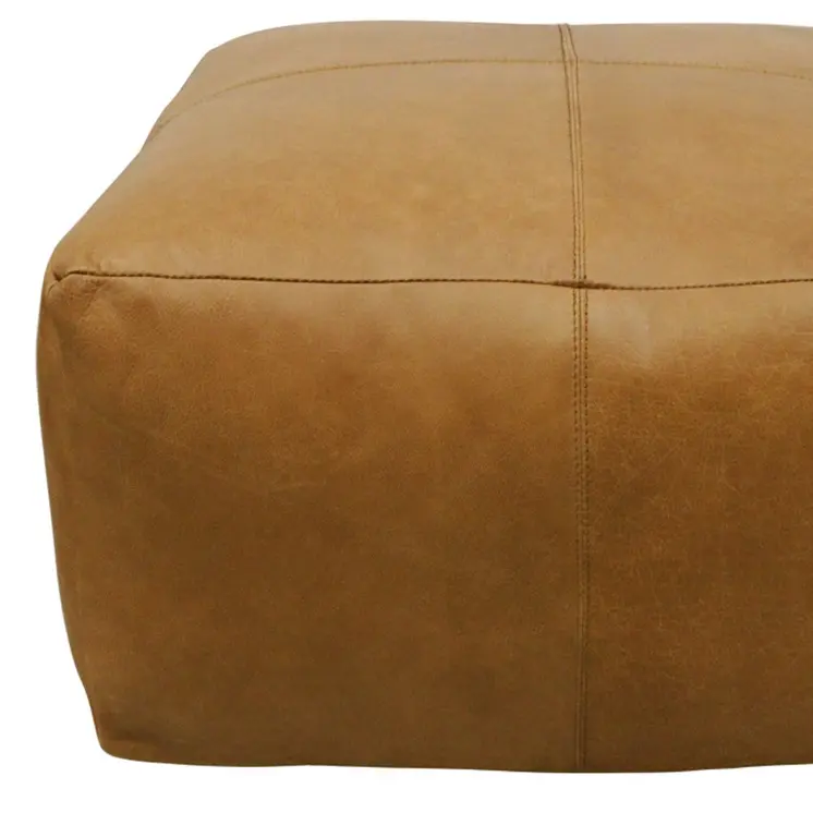 22" Tan Genuine Leather Pouf Ottoman