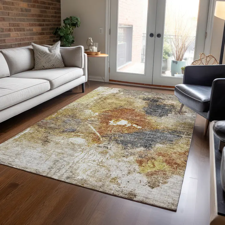 3' X 5' Taupe Black And Copper Abstract Washable Indoor Outdoor Area Rug