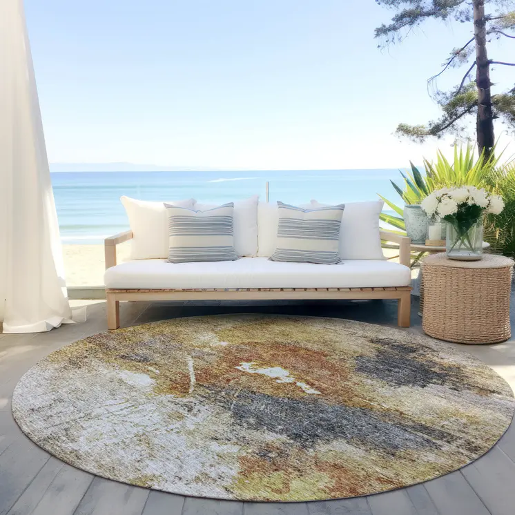 8' Taupe Black And Copper Round Abstract Washable Indoor Outdoor Area Rug