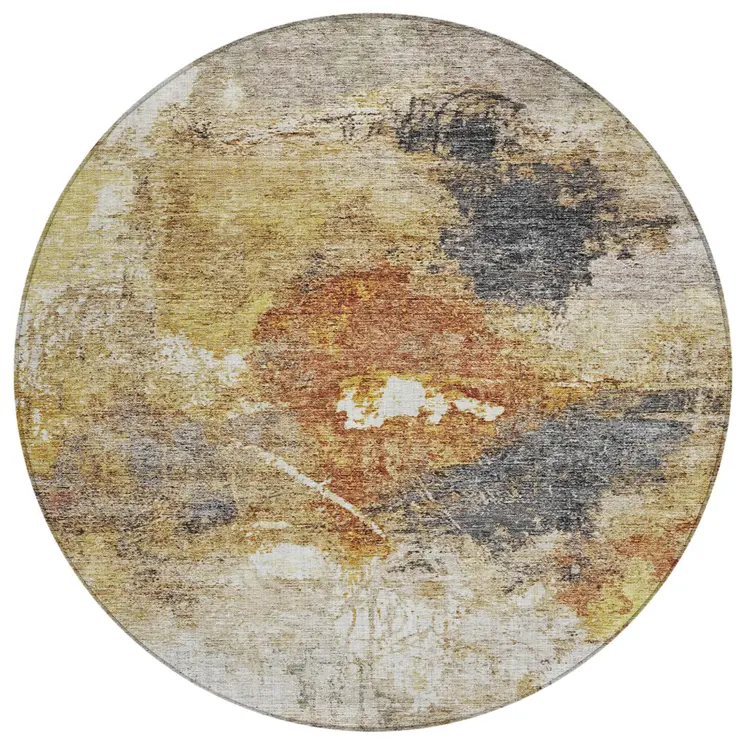 8' Taupe Black And Copper Round Abstract Washable Indoor Outdoor Area Rug