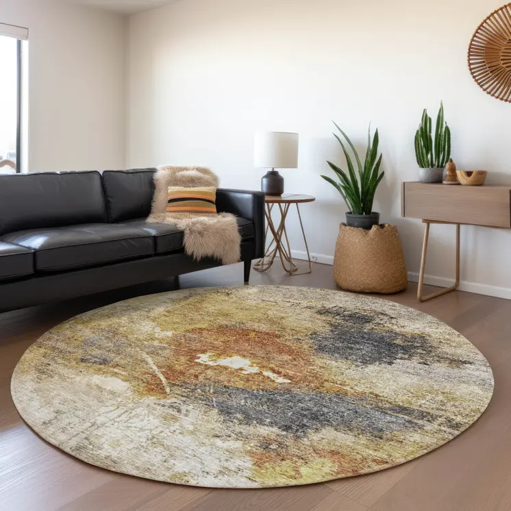 8' Taupe Black And Copper Round Abstract Washable Indoor Outdoor Area Rug