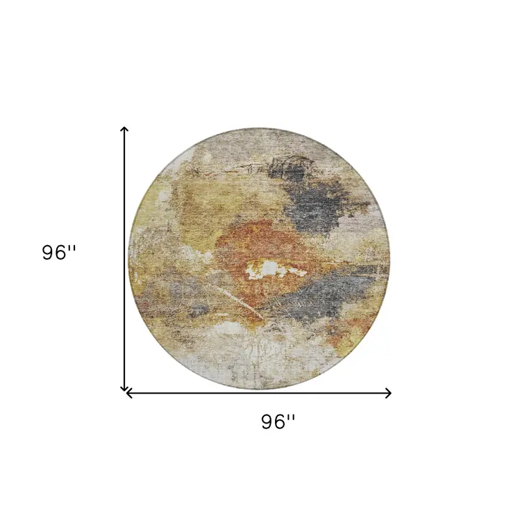 8' Taupe Black And Copper Round Abstract Washable Indoor Outdoor Area Rug