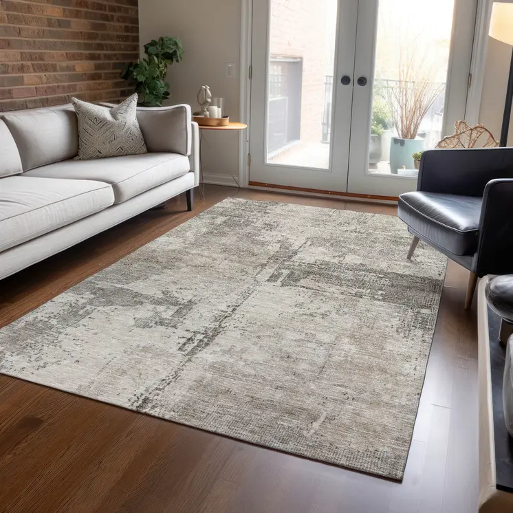 3' X 5' Linen And Gray Abstract Washable Indoor Outdoor Area Rug