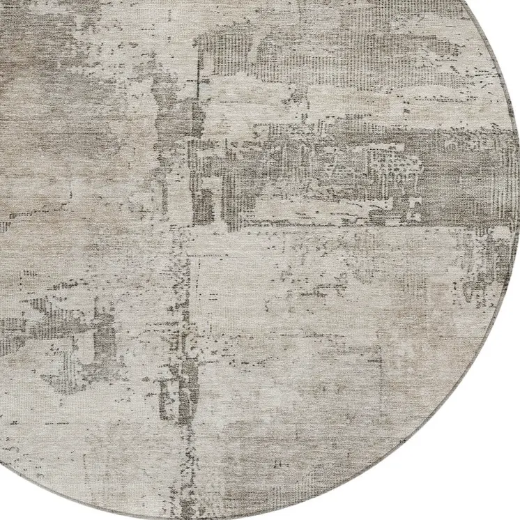 8' Linen And Gray Round Abstract Washable Indoor Outdoor Area Rug