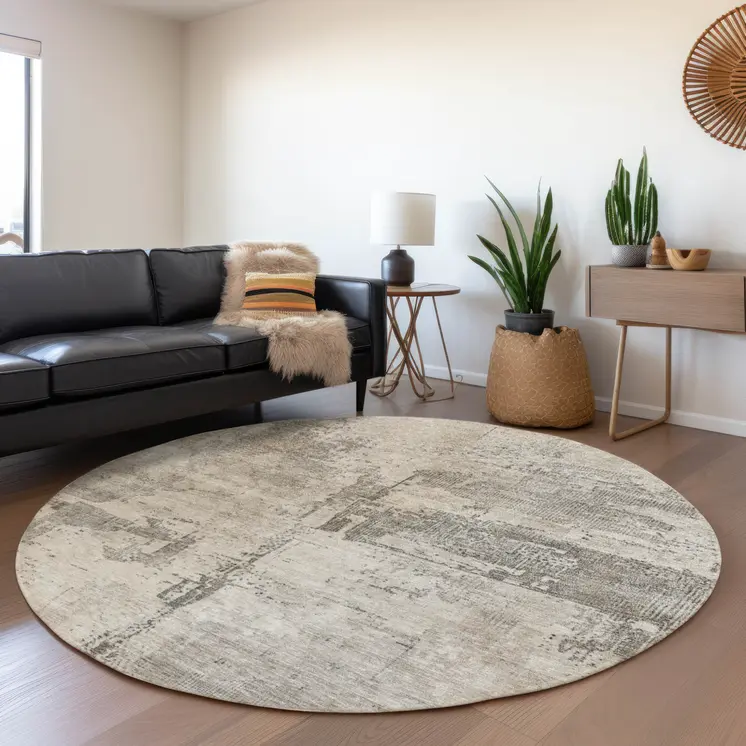 8' Linen And Gray Round Abstract Washable Indoor Outdoor Area Rug