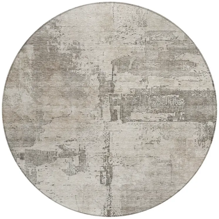 8' Linen And Gray Round Abstract Washable Indoor Outdoor Area Rug